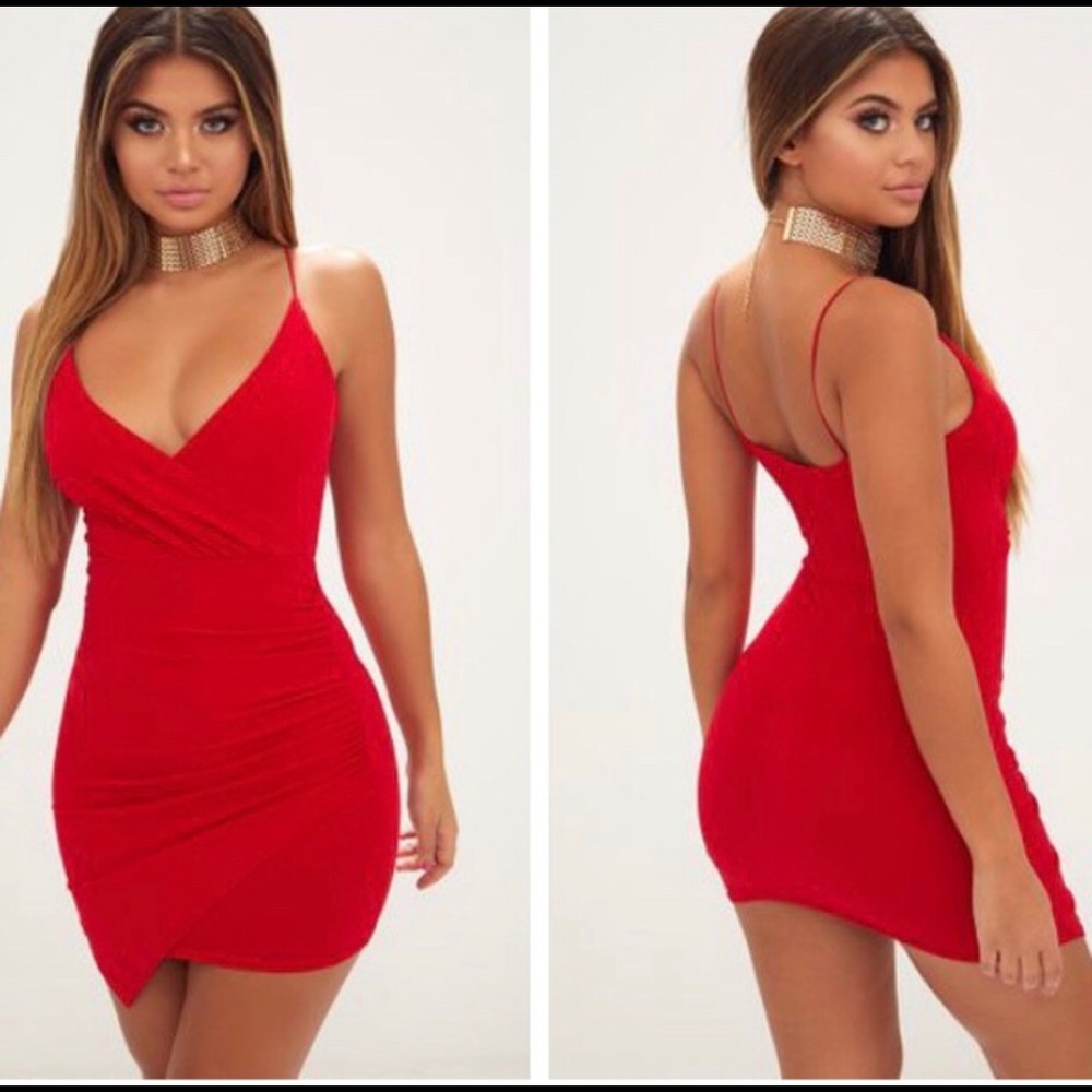 PrettyLittleThing Red Strappy Wrap Bodycon Dress